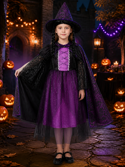 Girls Gothic Witch Vampire Costume Set - Black Purple Lace Tulle Dress with Costume Dresses detail 2