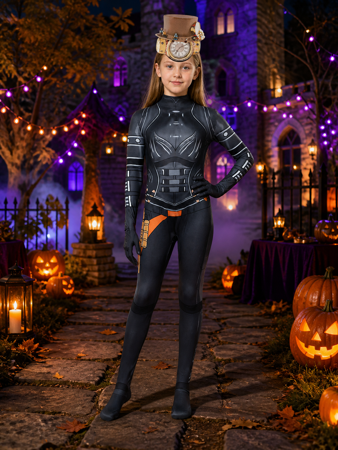 Women's Clockman Sci-Fi Bodysuit Costume with Clock Headpiece and Armored on-model Halloween scene view
