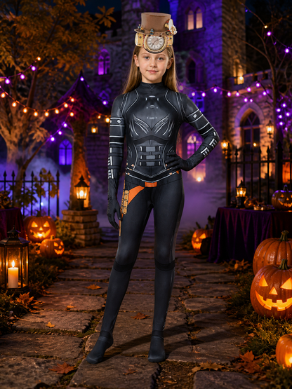 Women's Clockman Sci-Fi Bodysuit Costume with Clock Headpiece and Armored on-model Halloween scene view