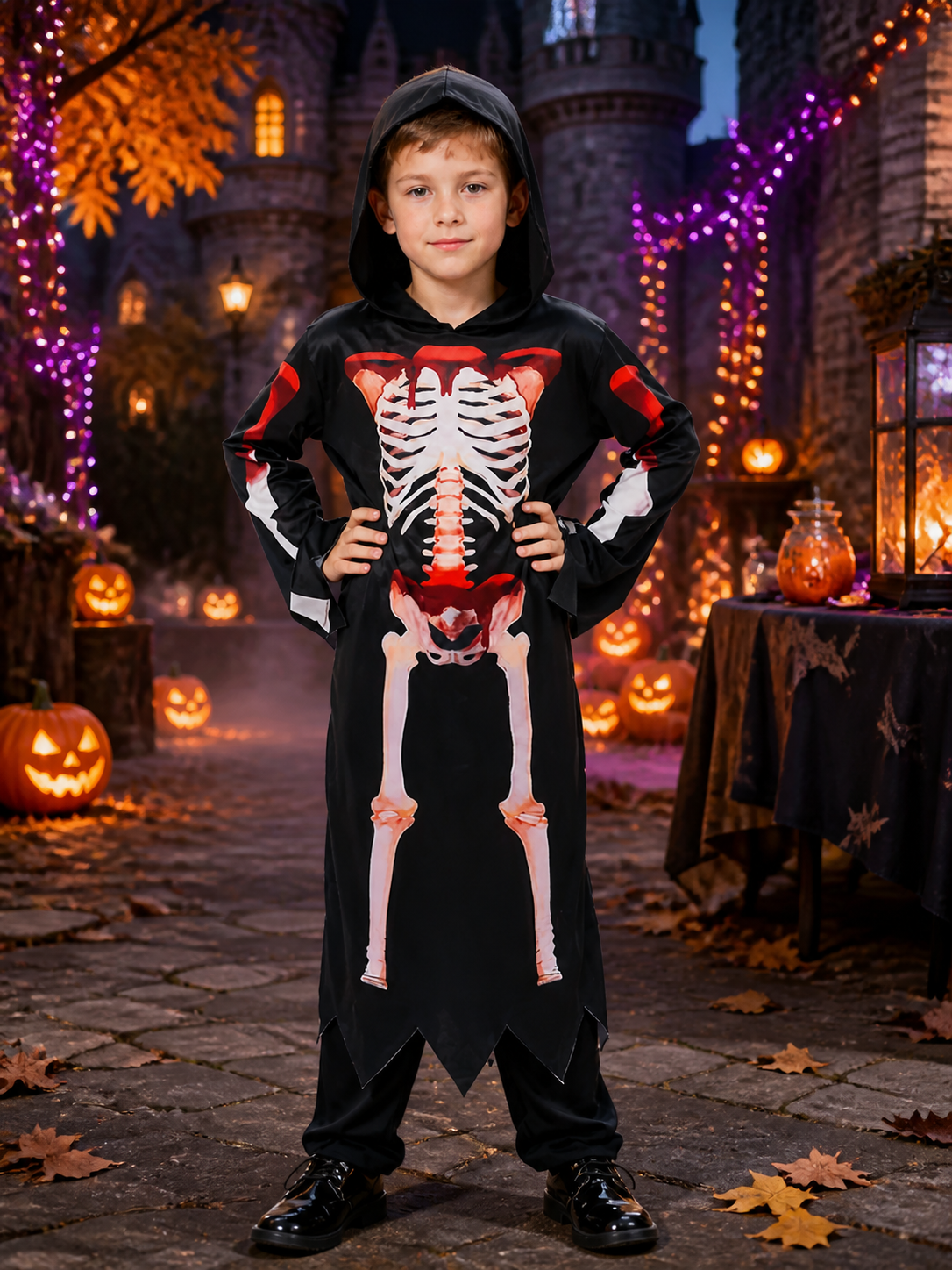 Hooded Skeleton Jumpsuit Costume with Full Bone Print for Halloween