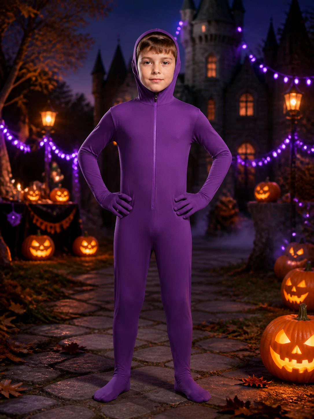 Purple Hooded Full-Body Jumpsuit Costume, Long-Sleeve Cosplay Outfit Costumes detail 2