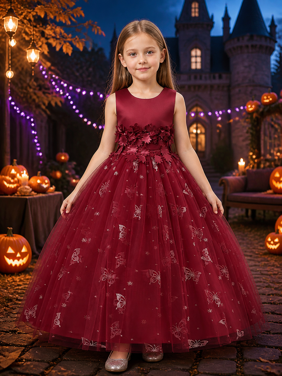 Girls' Princess Dress, Layered Tulle Gown With Satin Bodice, Floral Waist and