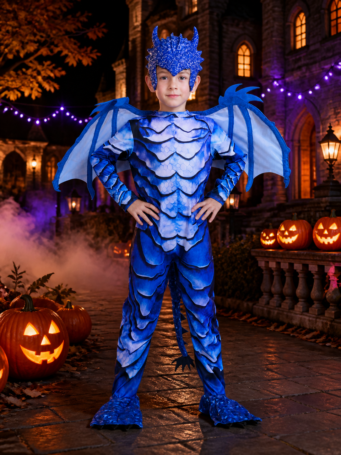 Kids Blue Dinosaur Jumpsuit Costume with Wings, Tail and Scales for Halloween Costumes detail 2