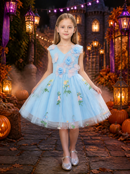 Girls' Sky Blue Princess Dress, Sleeveless Full Skirt With 3D Floral Embroidery Costume Dresses detail 2