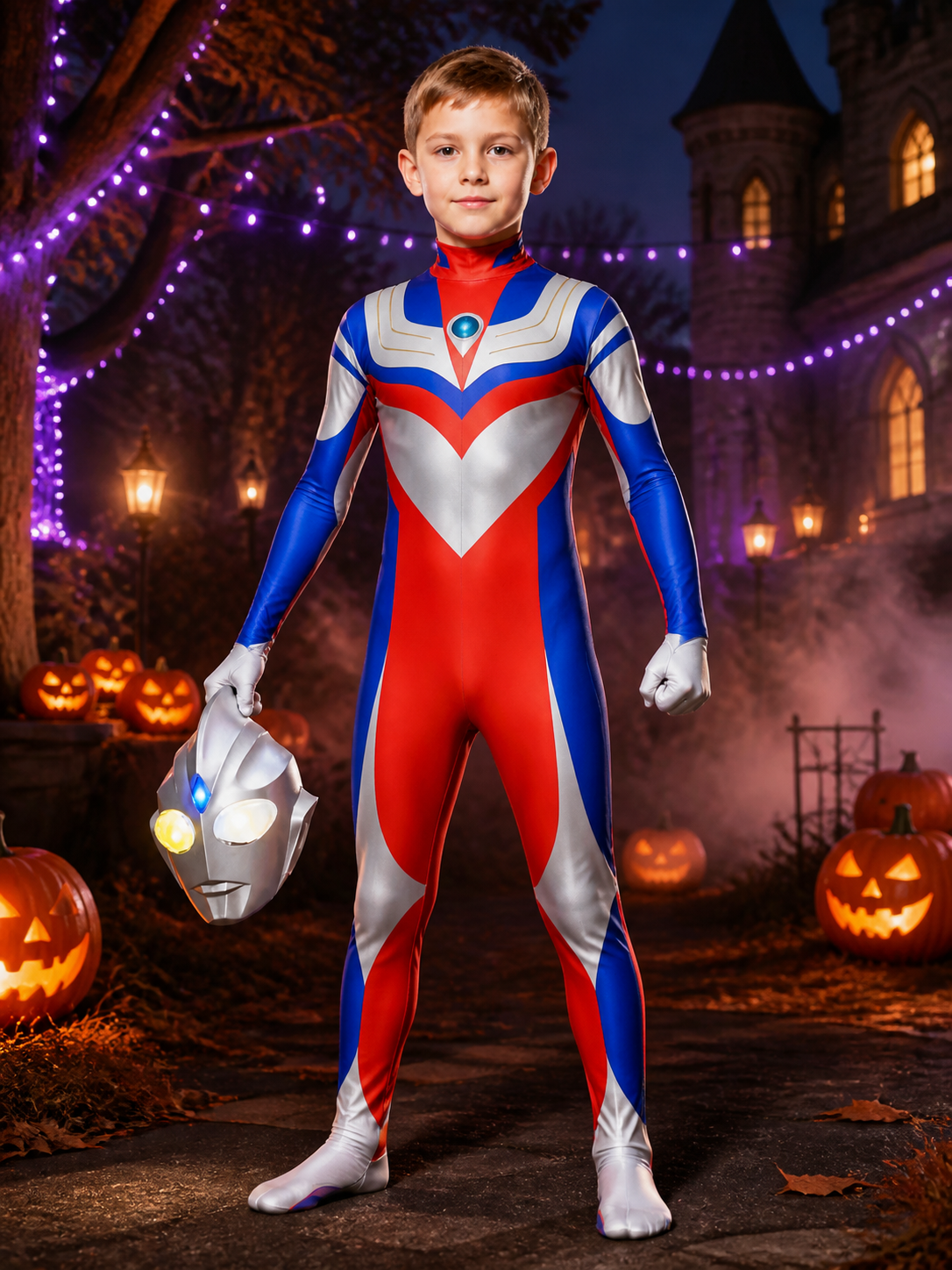 Silver Red Blue Superhero Bodysuit Costume With Helmet, Full-Body Cosplay Outfit Costumes detail 2