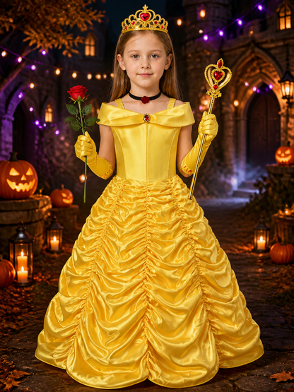 Kids Belle Princess Costume Dress Set With Crown, Gloves, Wand and Rose Costume Dresses detail 2