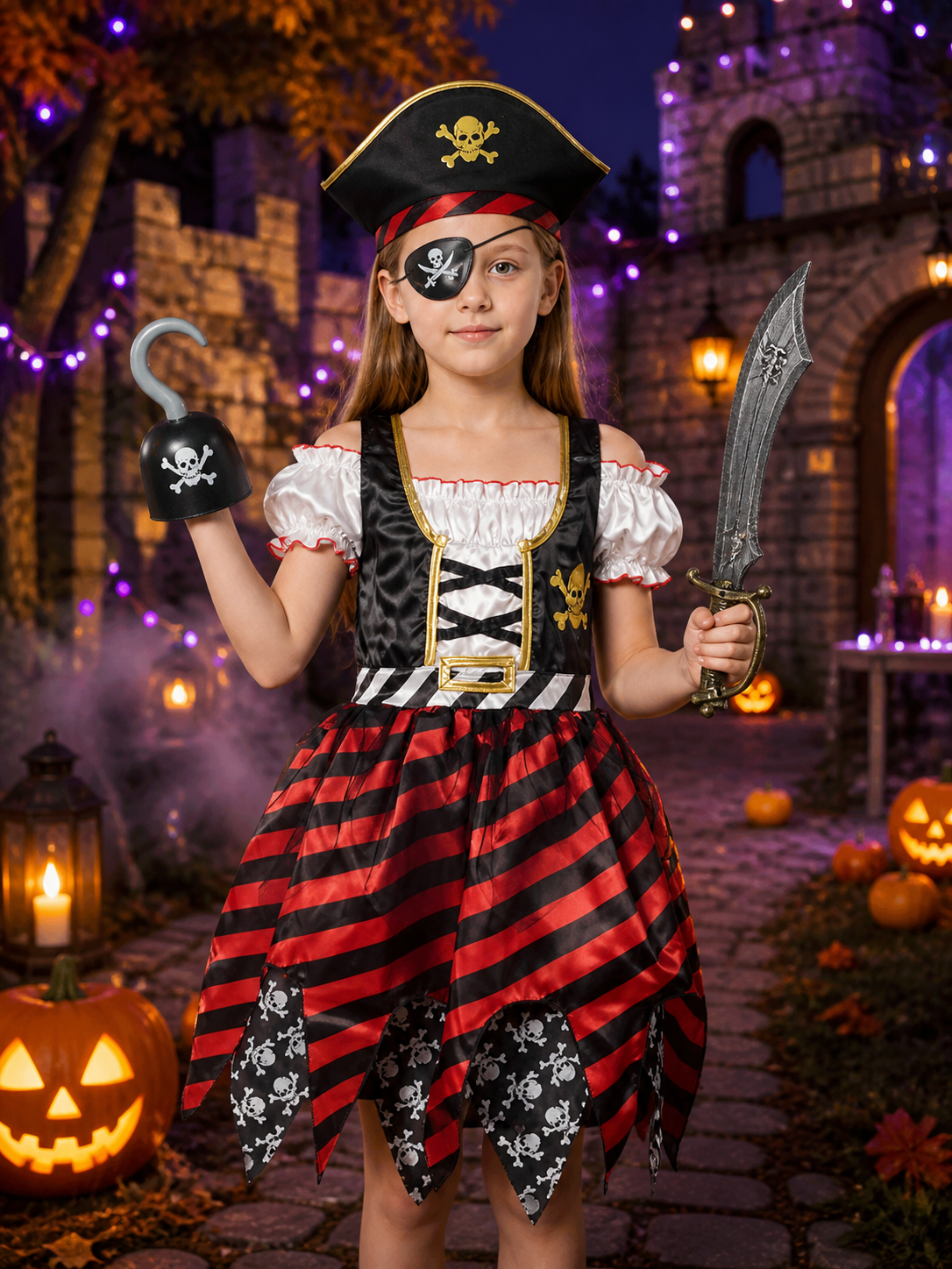 Kids Pirate Costume Dress Set with Skull Print, Hat, Eye Patch, Sword & Hook for Costume Dresses detail 2