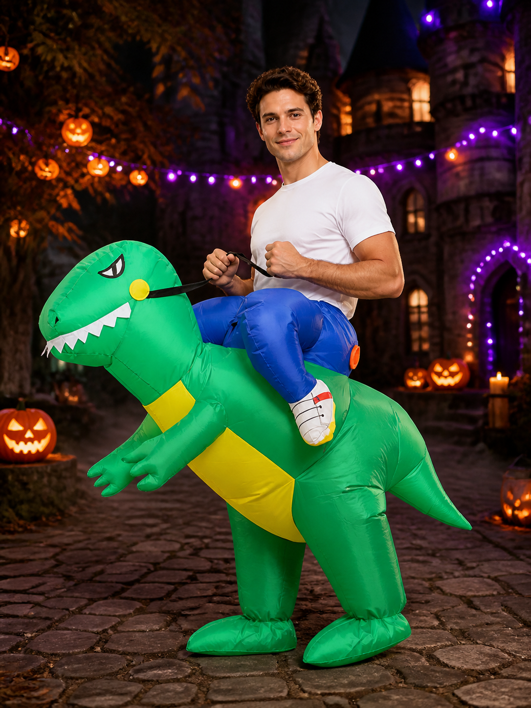 Green Inflatable Dinosaur Costume with Yellow Belly and Long Tail for Halloween Costumes detail 2