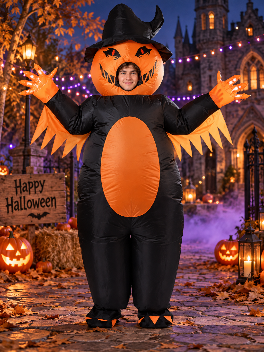 Inflatable Halloween Costume Orange with Pumpkin Head