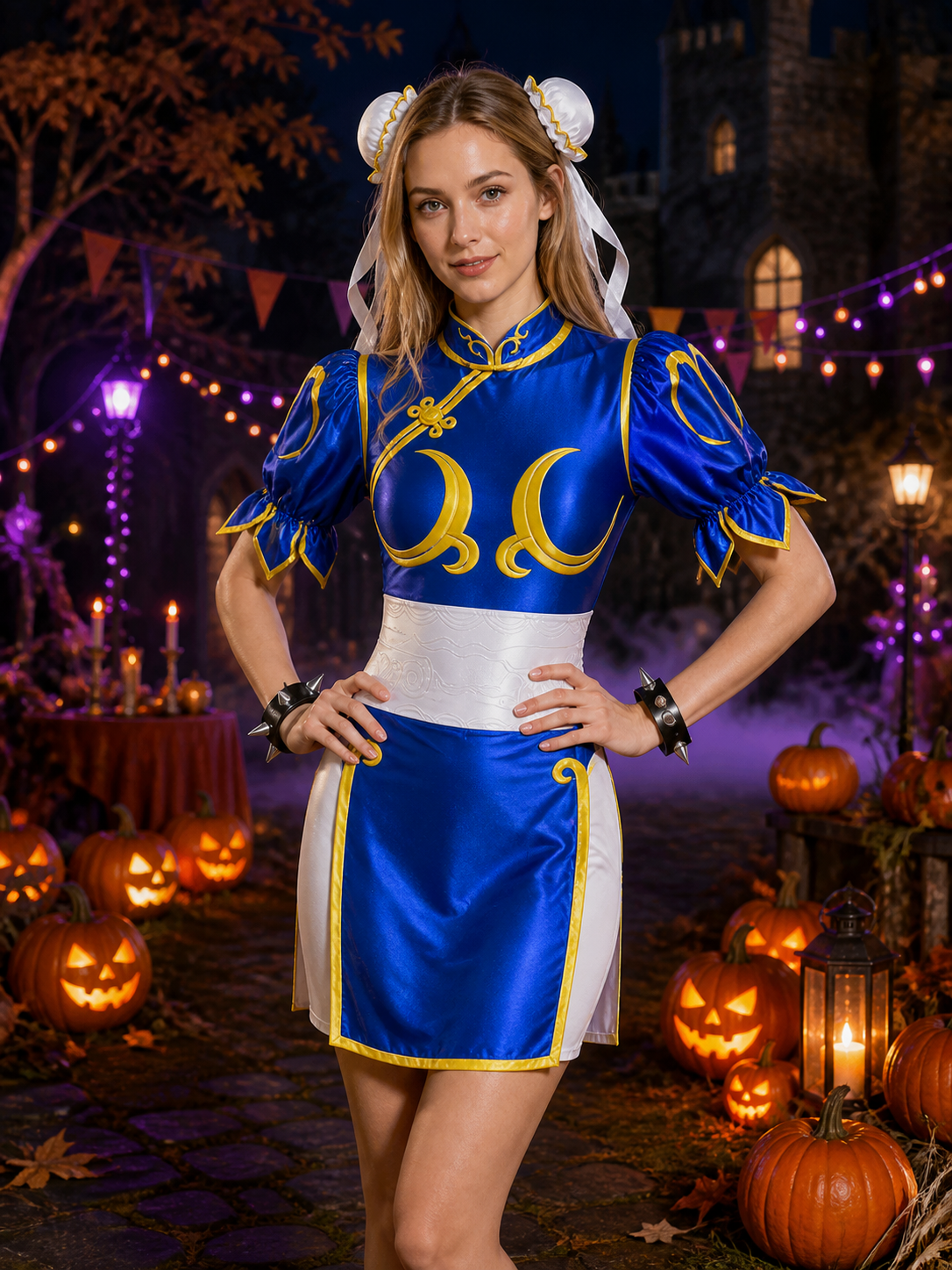 Women's Chun-Li Anime Cosplay Costume Set, Blue Qipao Outfit With Accessories Costume Accessories detail 2