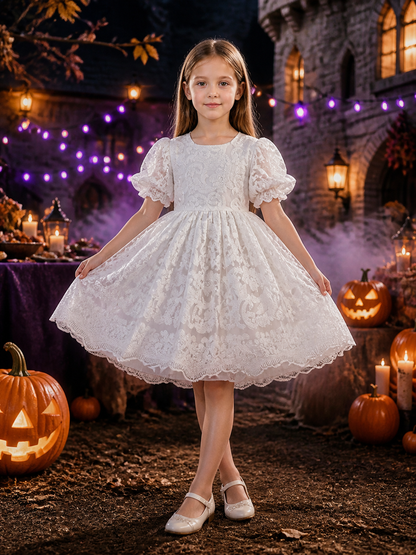 Girls' White Lace Embroidered Princess Dress, Puff Sleeve Short Tutu Outfit Costume Dresses detail 2