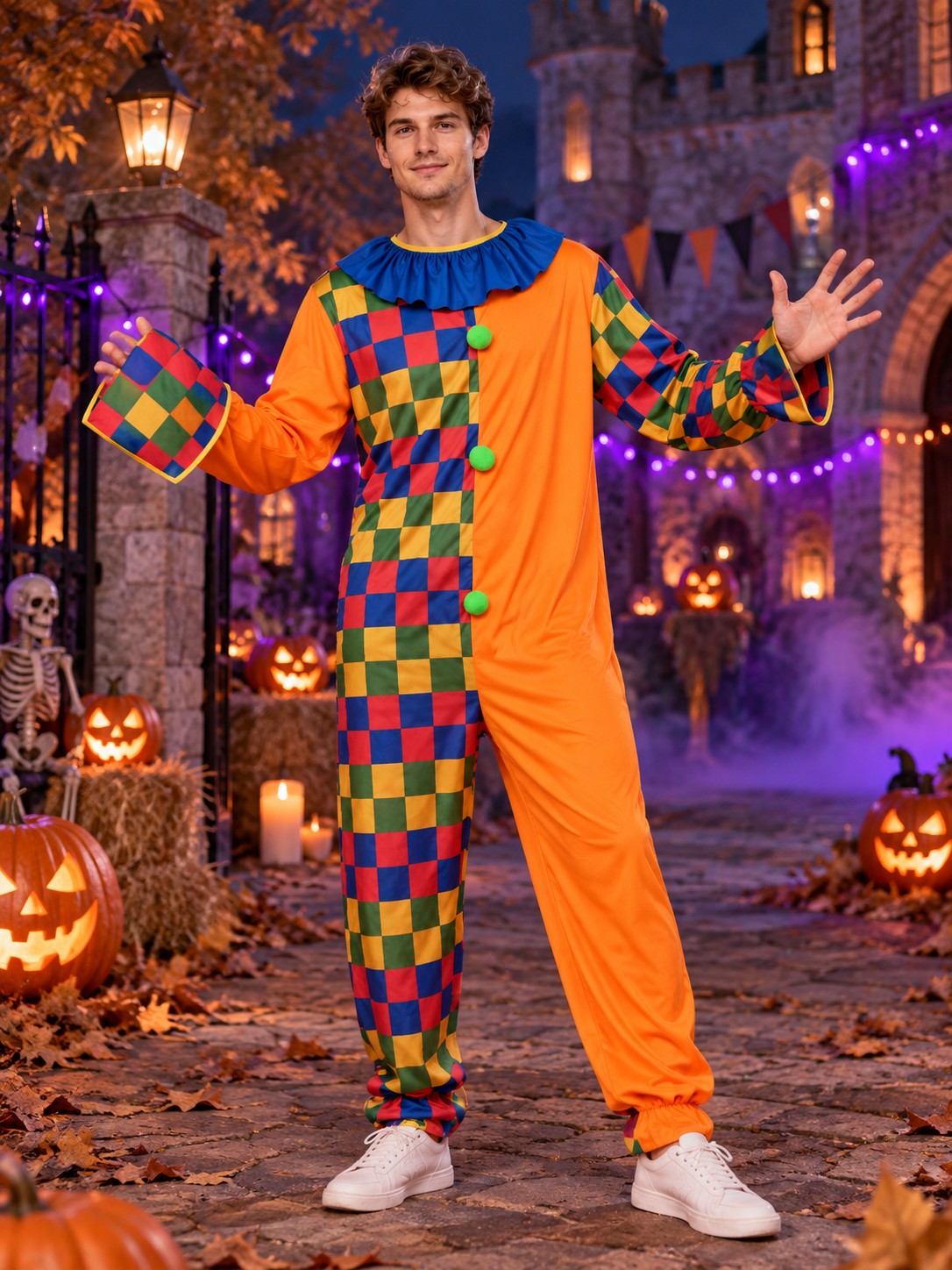 Clown Costume Orange Jumpsuit with Ruffles and Diamonds