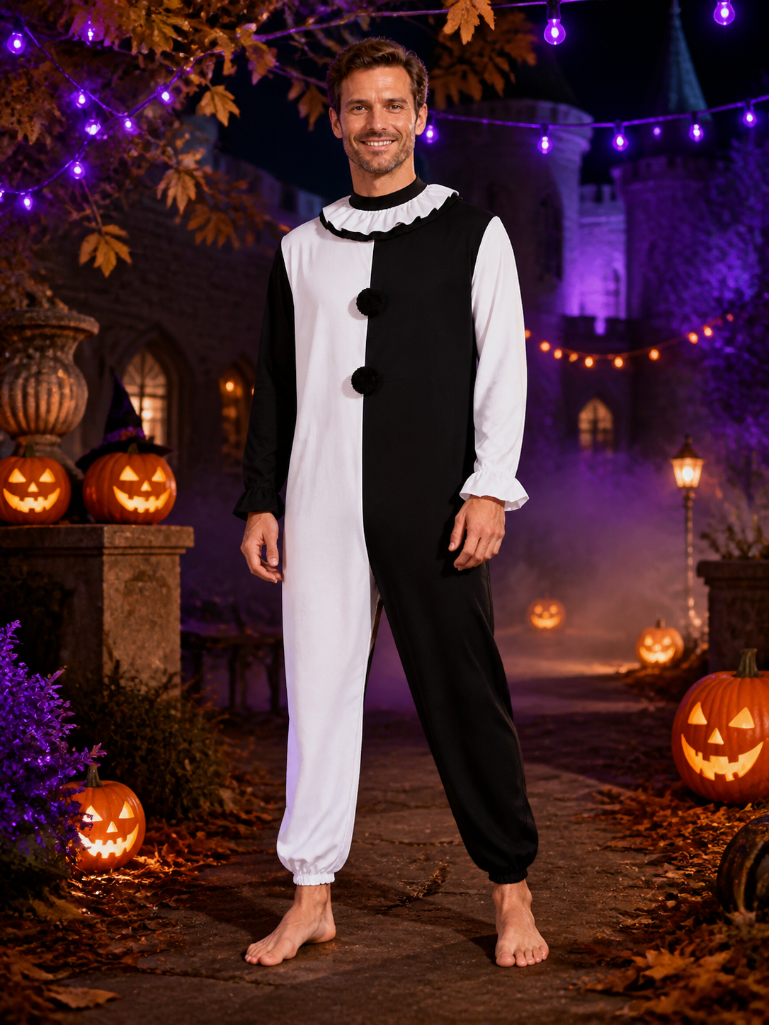 Unisex Clown Jumpsuit Costume, Black and White Split Design with Ruffled Collar on-model Halloween scene view