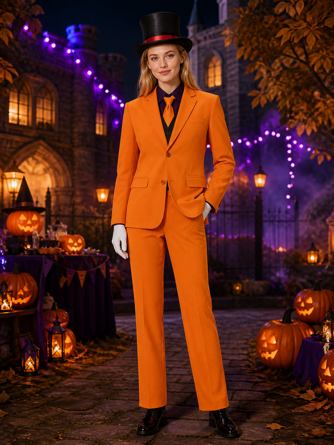 Clown Halloween Costume Set for Adults - Orange Blazer, Pants, Vest, Shirt, Tie Costumes detail 2