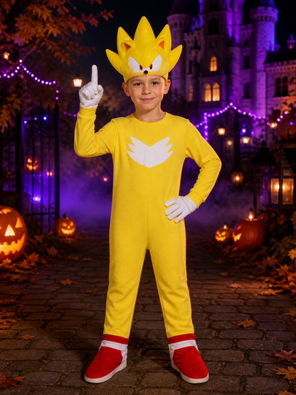 Yellow Spiked Character Bodysuit Halloween Costume Set with Headpiece and Gloves Costume Headwear detail 2