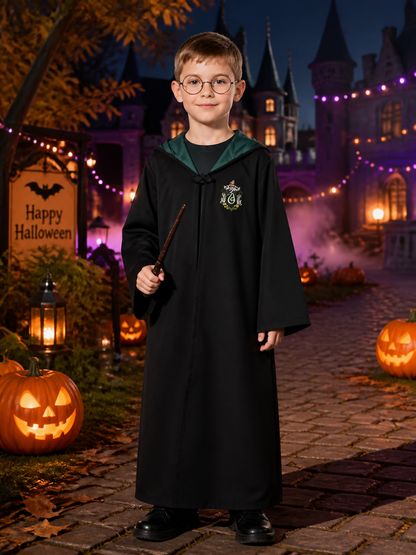 Wizard Robe Costume, Green And Black Hooded Long Cloak With House-Style Badge Costume Capes detail 2