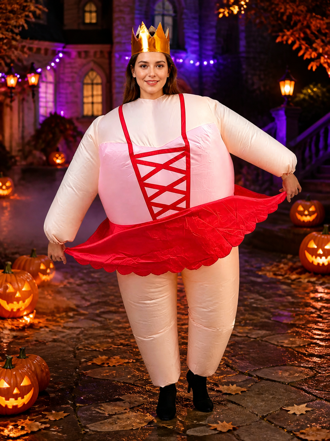 Unisex Red & White Criss-Cross Bodice Costume Set with Crown and Wavy Skirt Costume Headwear detail 2