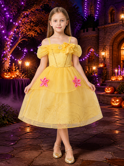 Girls Princess Costume Dress, Yellow Tutu with Pink Flowers - Halloween Party Costume Dresses detail 2