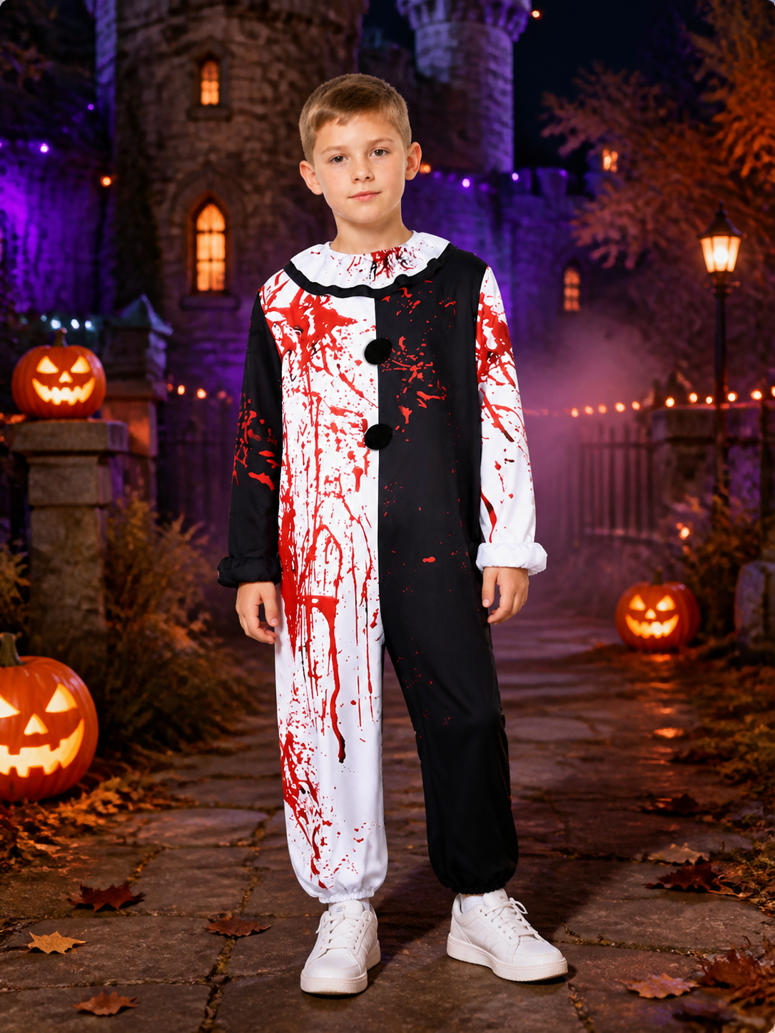 Men's Bloody Clown Jumpsuit Costume, Black White Split with Ruffled Collar Costumes detail 2