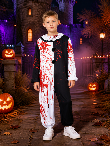 Men's Bloody Clown Jumpsuit Costume, Black White Split with Ruffled Collar Costumes detail 2