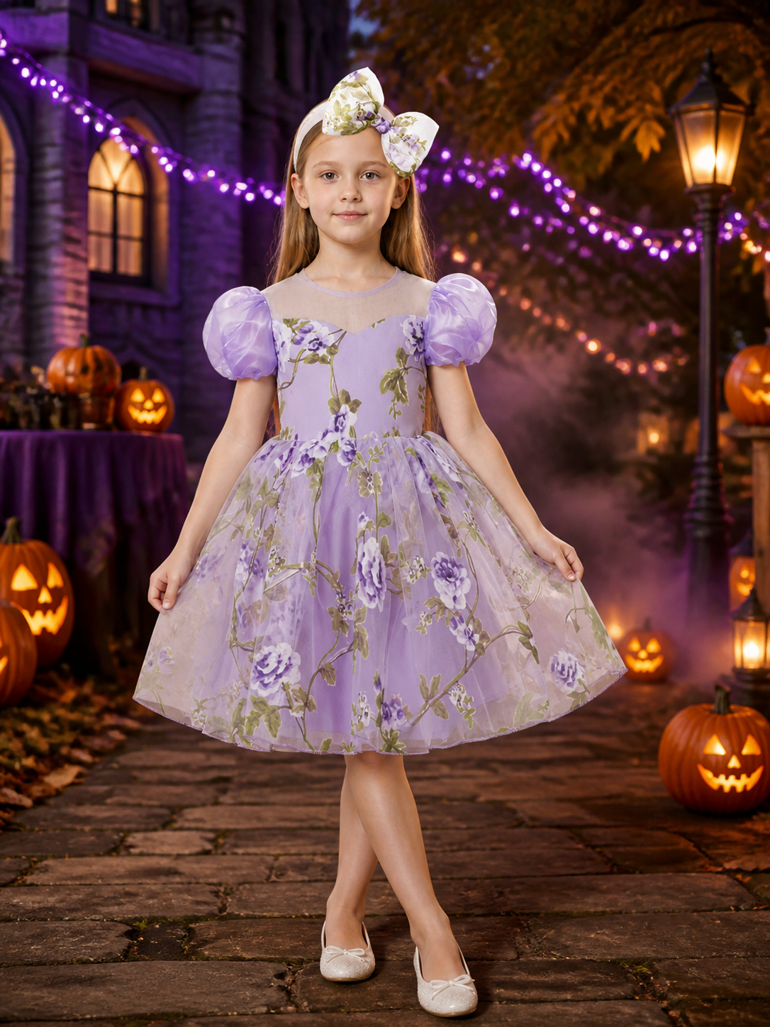Baby Girls' Floral Princess Dress With Puff Sleeves, Tulle Skirt And Bow Costume Dresses detail 2