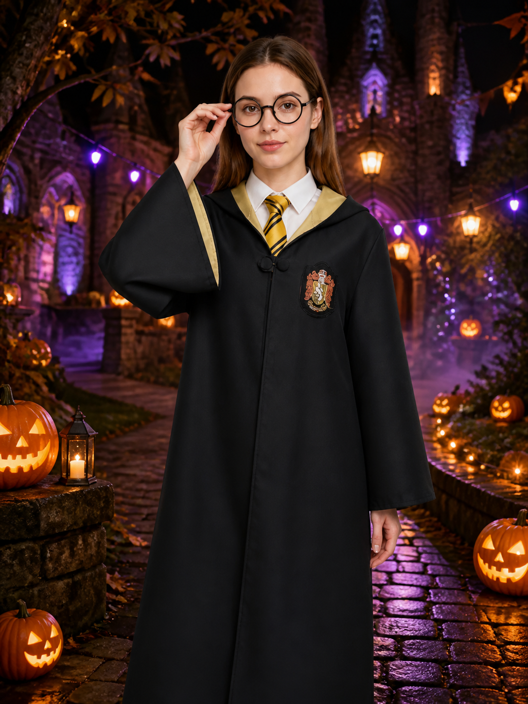 Wizard Costume Set, Hooded Black Robe with Round Glasses and Striped Tie