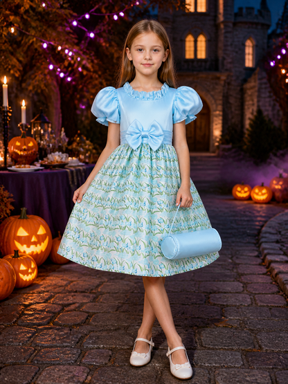Girls' Sky Blue Princess Dress with Puff Sleeves, Floral Print, Waist Bow and Costume Dresses detail 2