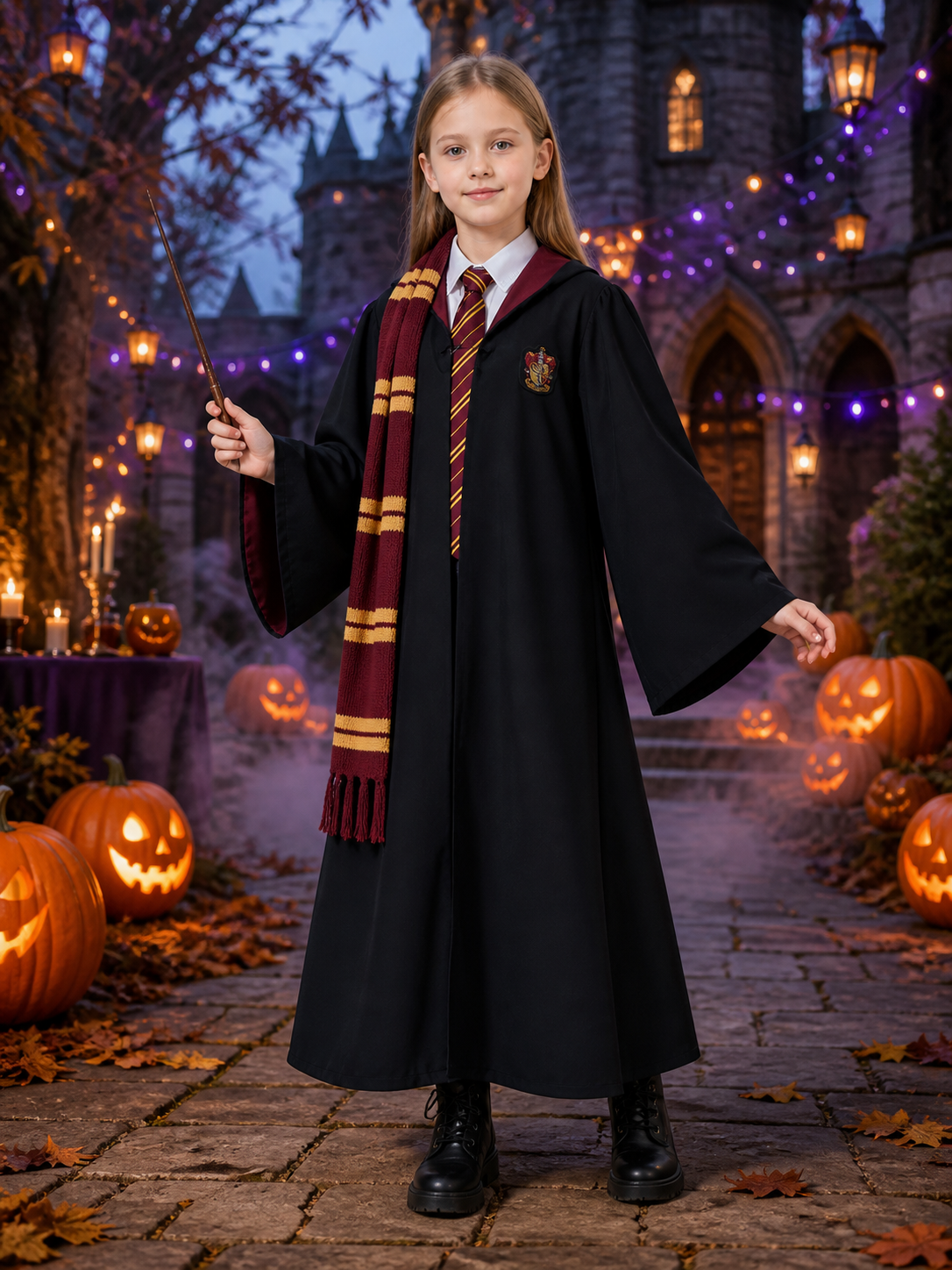 Wizard Robe Costume Set with Striped Scarf, Tie and Chest Badge Costumes detail 2