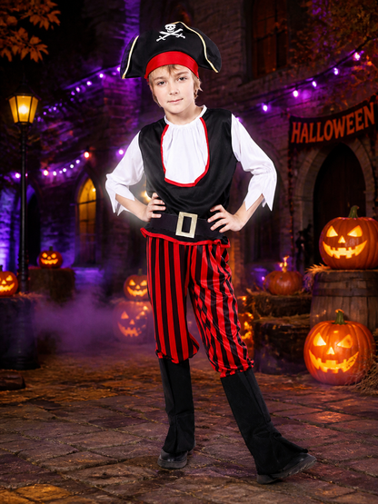 Unisex Kids Pirate Costume Set, Black Sleeveless Top with Red Striped Pants Costumes detail 2