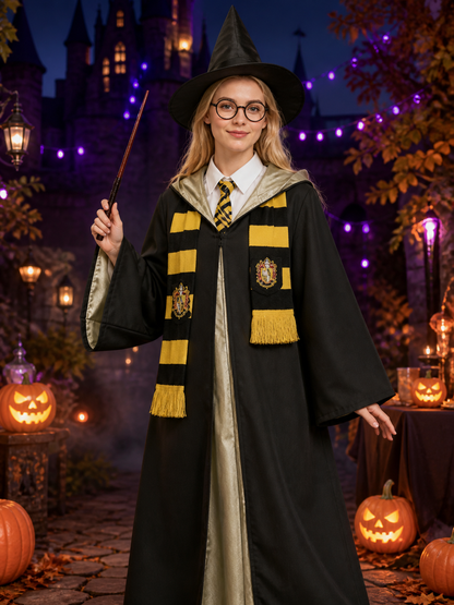 Black Wizard Robe Costume Set With Pointed Hat, Wand, Glasses, Tie And Scarf Costume Headwear detail 2