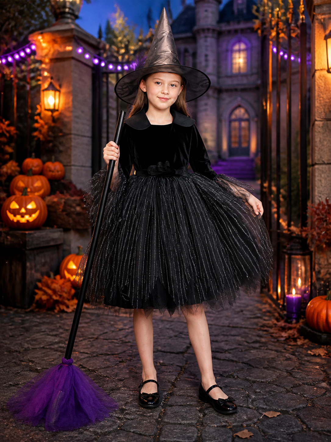 Women's Witch Costume Dress, Black Long Sleeve Layered Halloween Outfit Costume Dresses detail 2