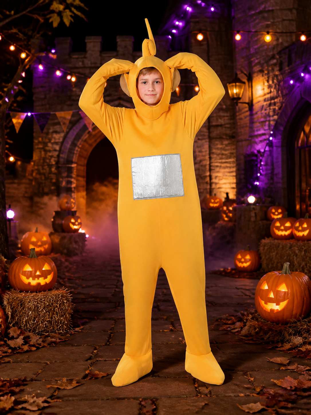 Adult Yellow Cartoon Character Footed Onesie Costume with Antenna and Silver Costumes detail 2
