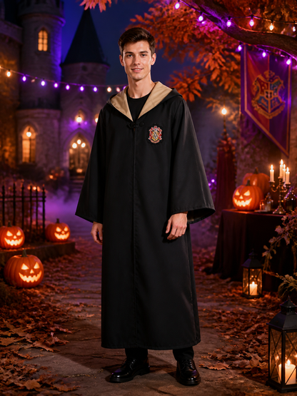 Black Hooded Wizard Robe Costume With Academy Crest, Long Sleeve Halloween Costumes detail 2
