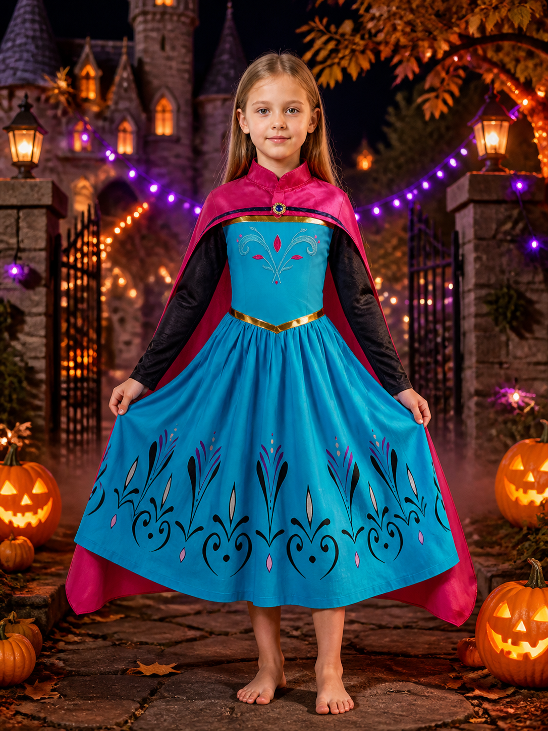 Girls' Snow Queen Princess Costume Dress With Detachable Cloak, Halloween Costume Dresses detail 2