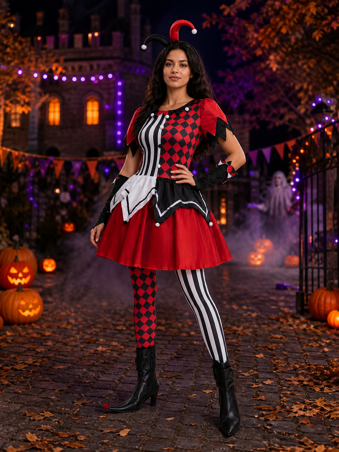 Scary Clown Circus Costume Dress, Red Black Checkered and Striped Print on-model Halloween scene view