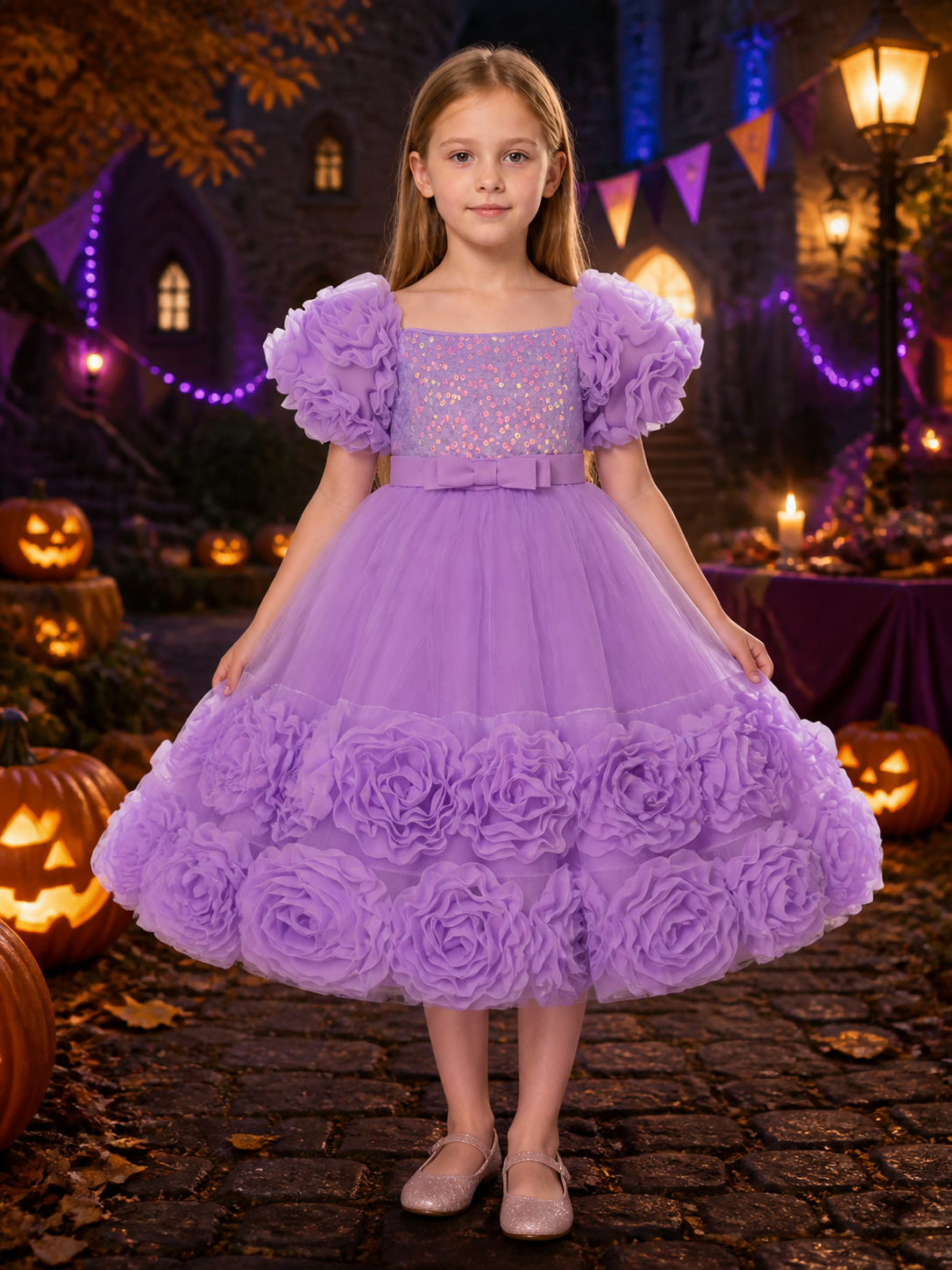 Toddler Girls' Purple Sequined Princess Dress with Puff Sleeves and Layered Costume Dresses detail 2