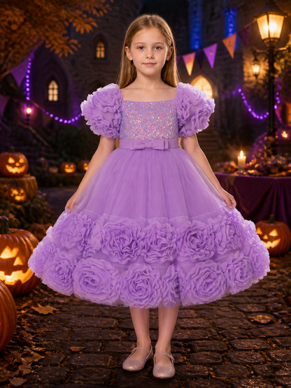 Toddler Girls' Purple Sequined Princess Dress with Puff Sleeves and Layered Costume Dresses detail 2
