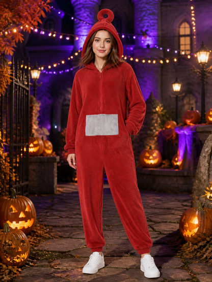 Adult Red Antenna Hooded Jumpsuit Costume with Gray Belly Patch, Funny Halloween Costumes detail 2
