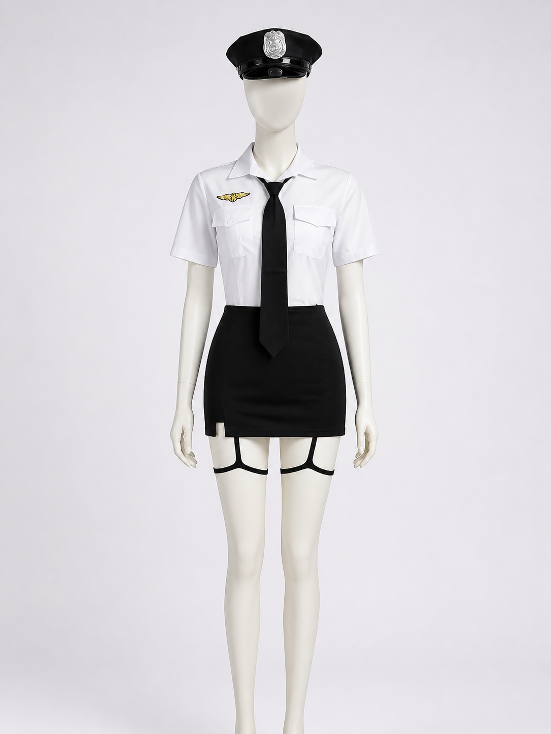 Women's Police Officer Costume, Black and White Uniform with Skirt and Badge Costumes detail 2