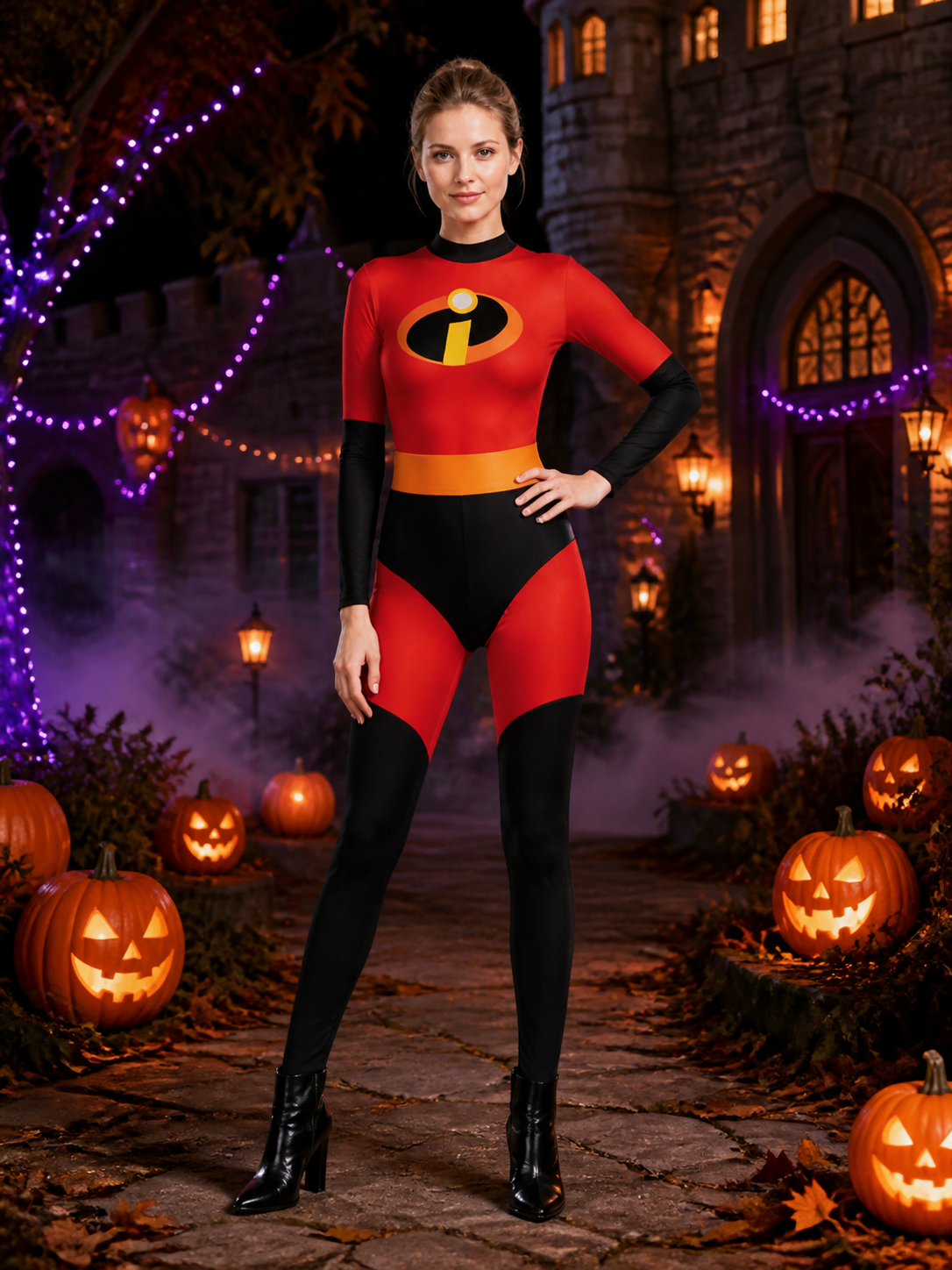 Kids Superhero Costume, Red-Black Bodysuit With Gold Belt and Chest Badge for Costumes detail 2