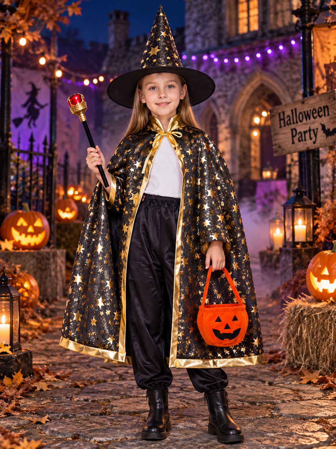 Kids' Carnival Costume with Cape, Hat, and Pumpkin Bag