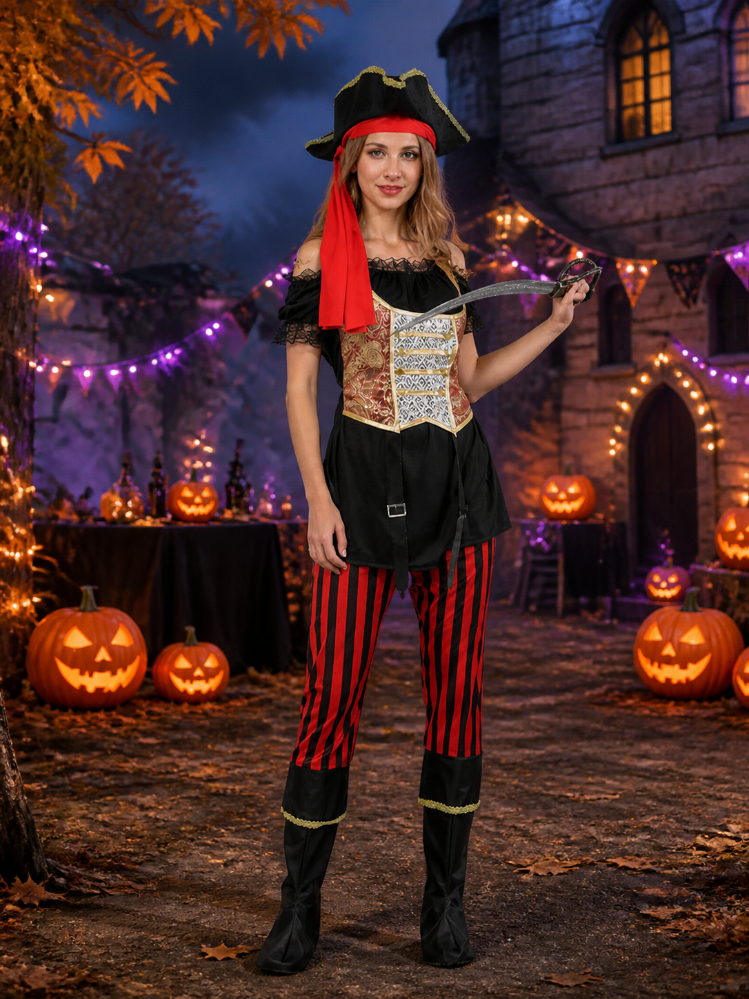 Women's Pirate Costume Set - Off-Shoulder Top, Striped Pants with Boots & Costumes detail 2