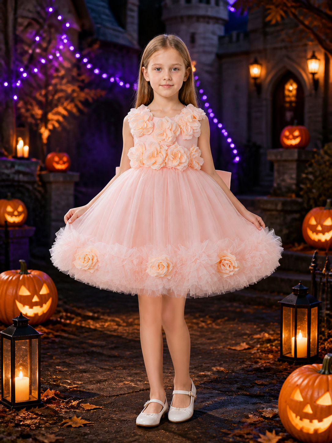 Girls' Princess Flower Girl Dress, Layered Tulle Rose Detail Ruffle Gown Costume Dresses detail 2