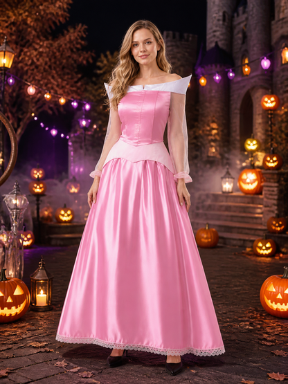 Women's Sleeping Beauty Princess Pink Off-Shoulder Long Sleeve Costume Dress on-model Halloween scene view