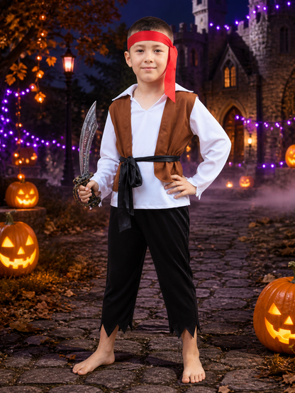 Kids Pirate Costume Set, Brown Vest & Torn Pants, Halloween Party Outfit Costumes detail 2