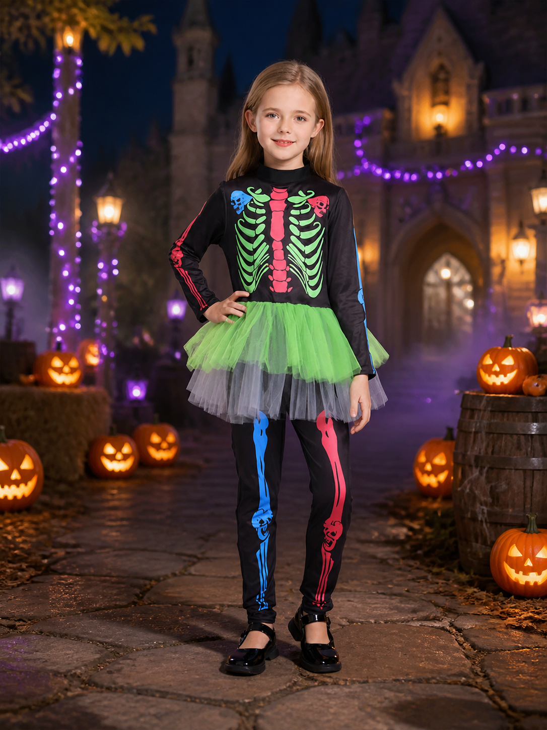 Girls Skeleton Bodysuit Costume with Mesh Tutu Skirt, Colorful Print Halloween Costumes detail 2