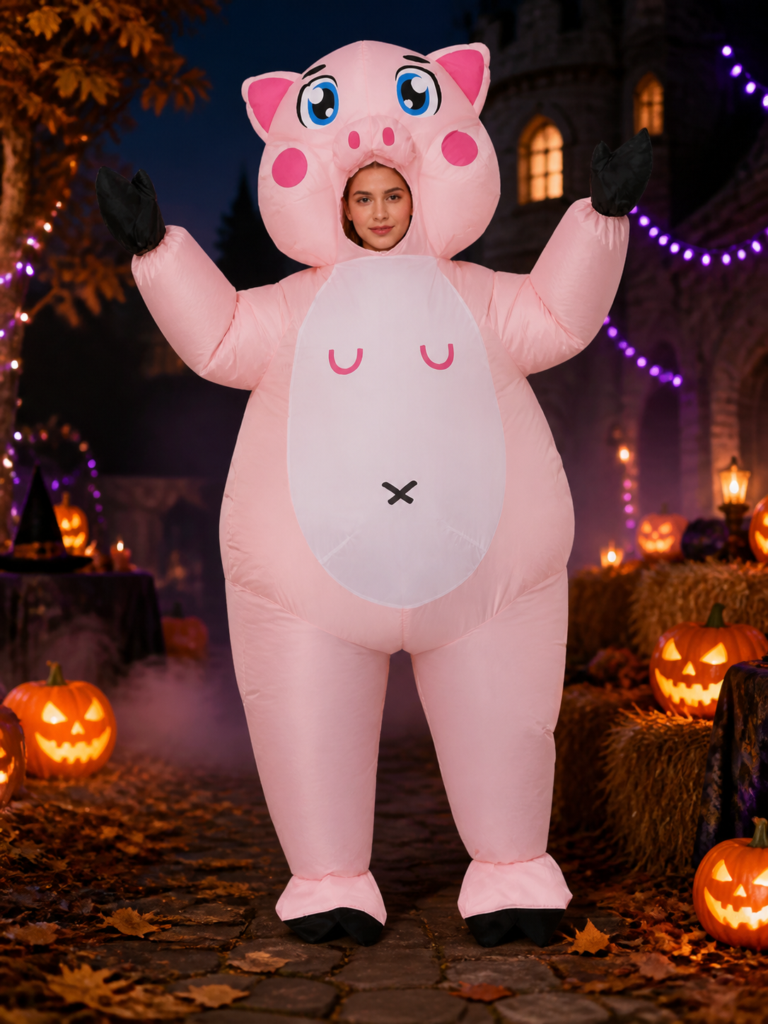 Kids Funny Pink Pig Costume Onesie with Hood, Gloves and Booties for Halloween Costumes detail 2
