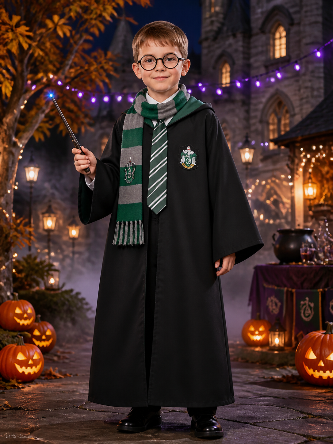 Hooded Wizard Robe Costume Set with Snake Crest, Tie, Scarf, Glasses and Wand Costume Accessories detail 2