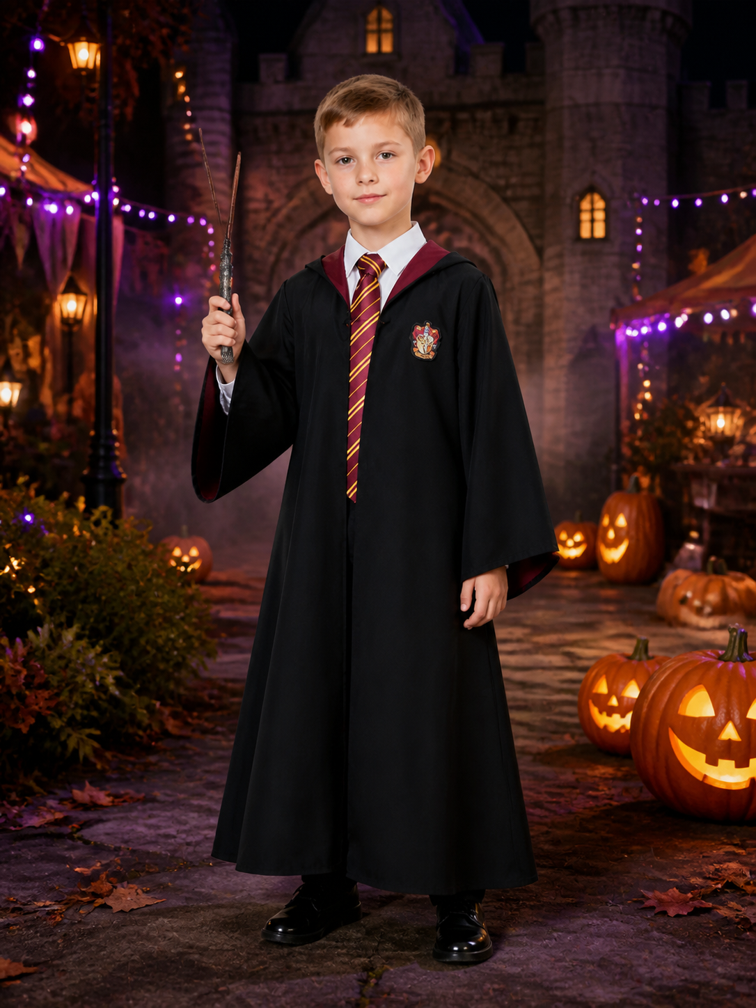 Wizard Robe Costume Set with Wand, Striped Tie and Chest Badge Costume Accessories detail 2