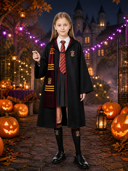 Women's Wizard School Costume Set with Hooded Robe, Wand, Tie, Scarf, Skirt and Costume Accessories detail 2